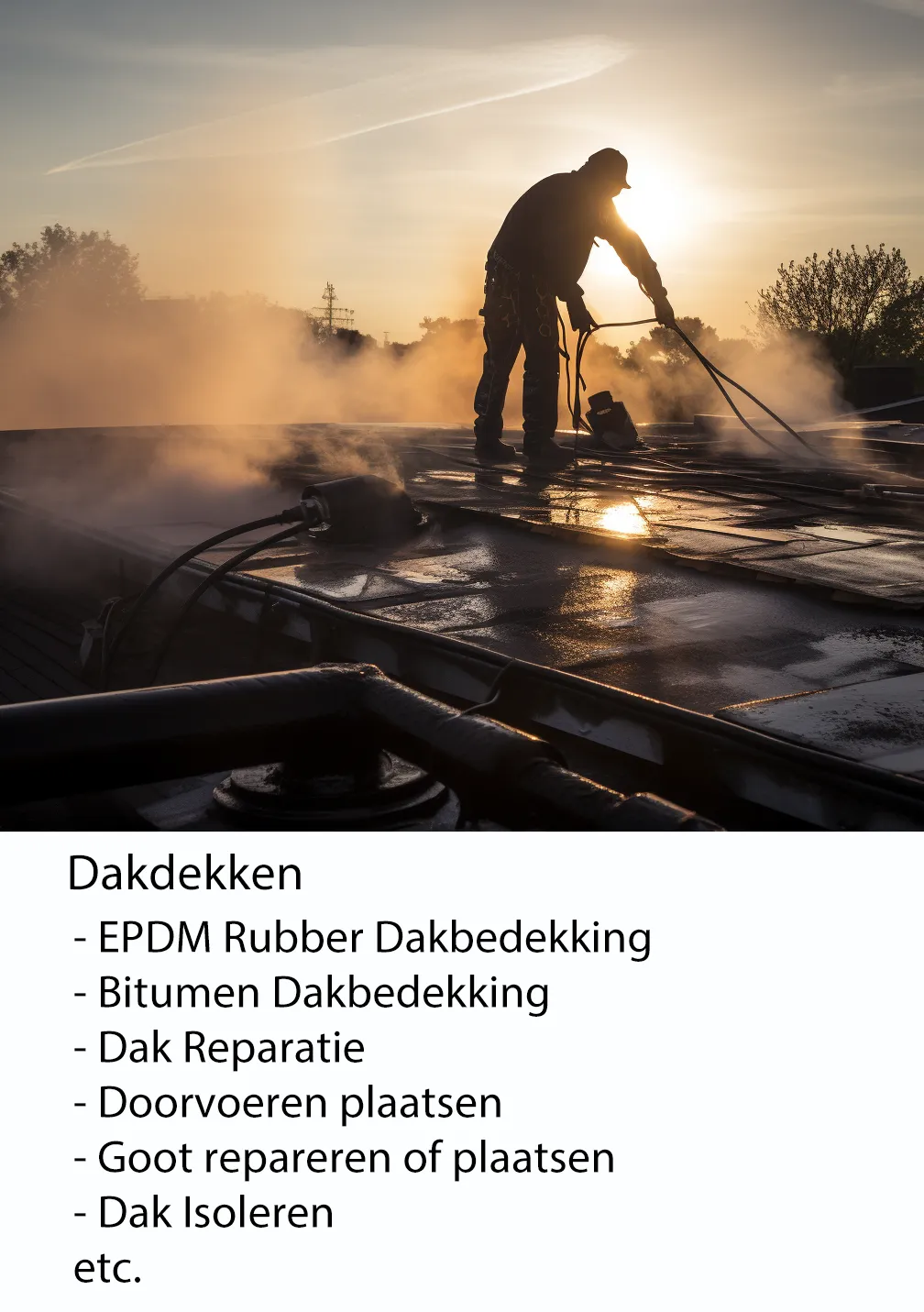 dakdekken; EPDM rubber dakbedekking, bitumen, reparatie, dak isoleren, goot repareren of plaatsen etc.